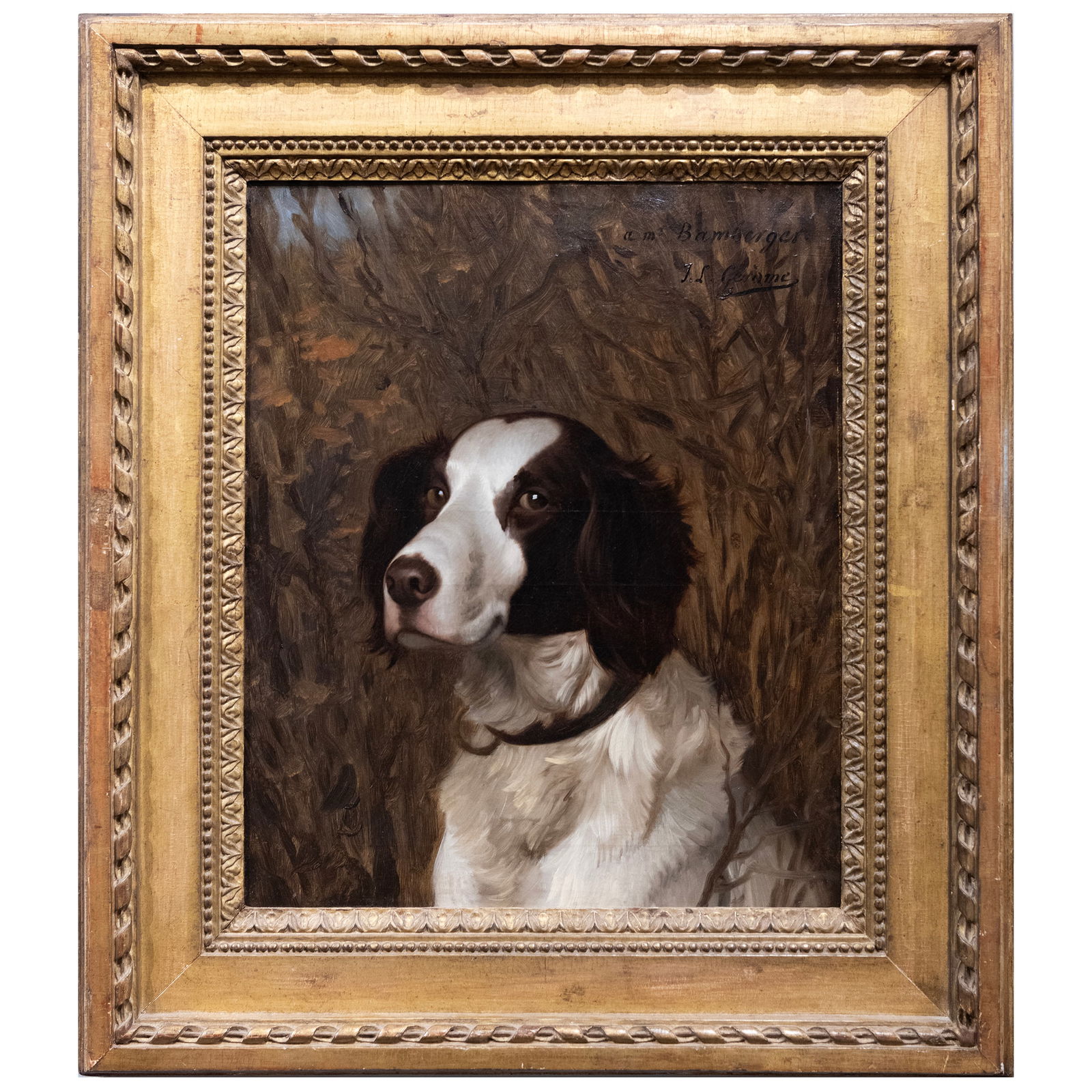 Jean-Leon Gerome (1824-1904): Portrait d'un chien (An English Springer Spaniel): Jean-Leon Gerome (1824-1904): Portrait d'un chien (An English Springer Spaniel) Oil on canvas, c. 1870, signed 'J. L. Gerome' and inscribed 'am Bamberger' upper right. 18 1/4 x 15 in., 25 3/4 x 27 7/8