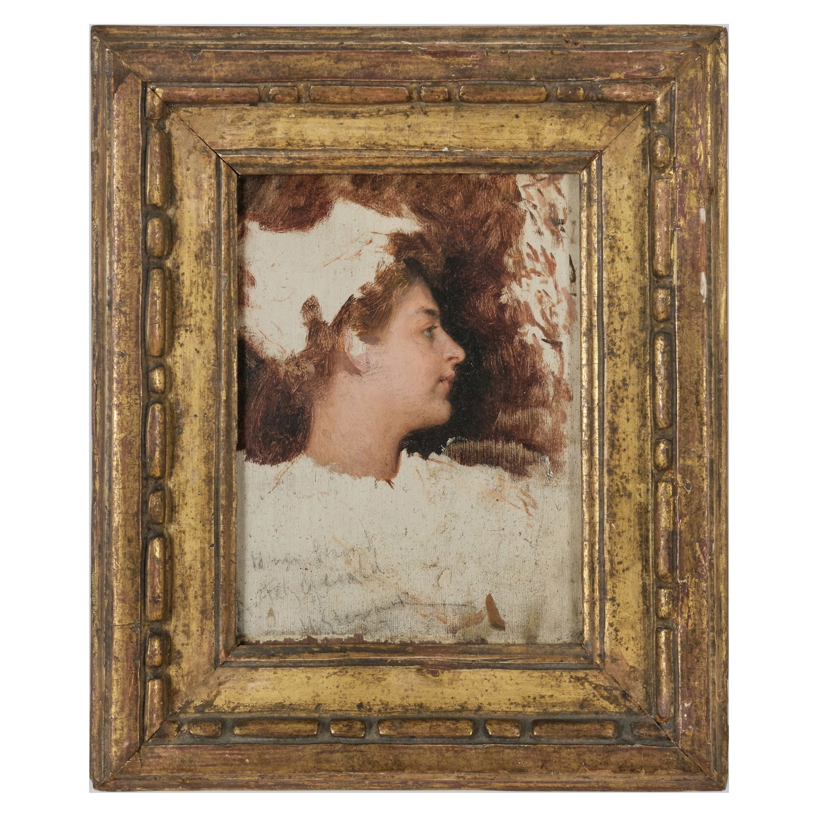 Julius Leblanc Stewart (1855-1919): Study of a Woman's Head: Julius Leblanc Stewart (1855-1919): Study of a Woman's Head Oil on panel, c. 1897, signed 'J.L. Stewart', indistinctly dated and inscribed 'To my friend A. Fitzgerald' lower left. 8 1/2 x 6 in., 12 x