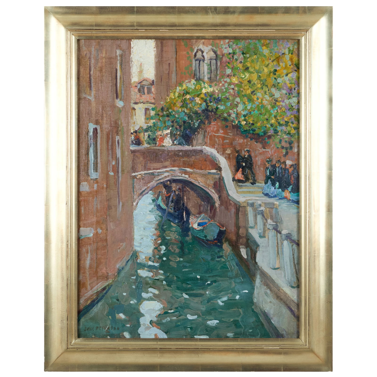 Jane Peterson (1876-1965): Figures Crossing a Bridge, Venice: Jane Peterson (1876-1965): Figures Crossing a Bridge, VeniceOil on canvas, signed 'Jane Peterson' lower left.24 x 18 in., 29 x 23 in. (frame). Note: During extended periods painting in Europe, Jane Pe