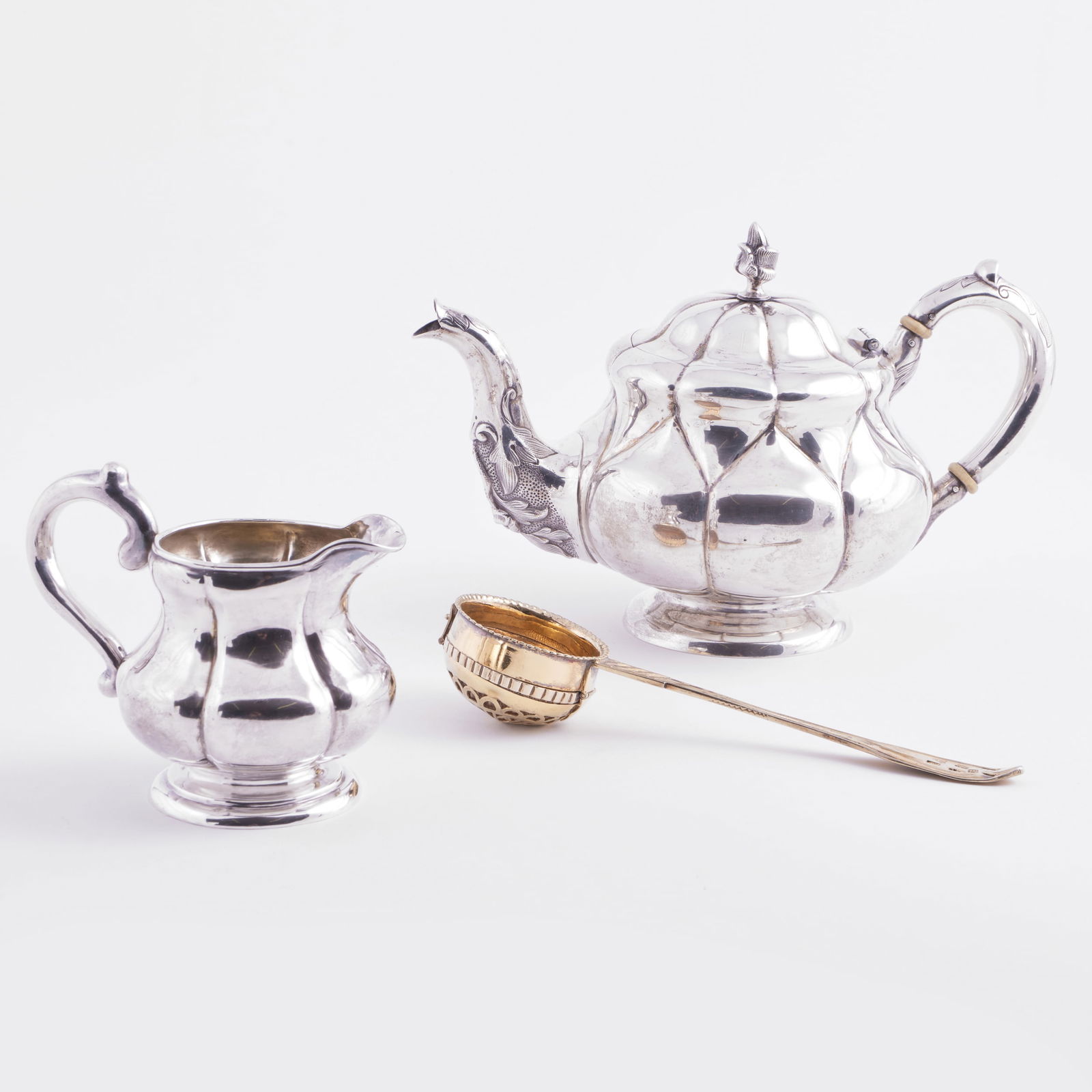Russian Silver Teapot and a Cream Jug and a Silver Gilt Tea Strainer (1 of 13)