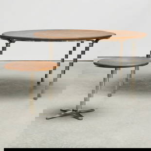 Nicos Zographos Stainless Steel and Faux Burlwood Dining Table: Nicos Zographos Stainless Steel and Faux Burlwood Dining Table Together with a matching side table. 28 1/2 x 4 ft. 6 in.