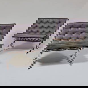 Pair of Mies van der Rohe for Knoll Chrome and Tufted Leather Barcelona Chairs, of recent: Pair of Mies van der Rohe for Knoll Chrome and Tufted Leather Barcelona Chairs, of recent manufacturePaper label.29 1/2 x 29 1/4 x 30 in., seat height 17 3/4 in.