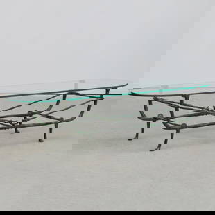 After Diego Giacometti (Swiss 1902-1985) Berceau Table Second Version, Signed: After Diego Giacometti (Swiss 1902-1985) Berceau Table Second Version, SignedGreen Patinated-Bronze and Glass 'Cradle' Table, Signed Diego, Monog. DG.15 x 5 ft 5 in. x 17 in. (overall).14 3/4 x 45 x