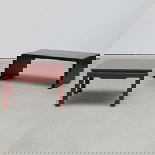 After Carl Springer, Modern Iron Red Painted Fabric Low Table: After Carl Springer, Modern Iron Red Painted Fabric Low TableTogether with a Chinese black lacquer low table.Red table 15 x 25 1/4 x 25 1/4 in., black table 15 1/2 x 36 1/2 x 20 in.Collection of