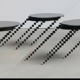 Pair of Modern Brass-Mounted Ebonized Wood Circular Side Tables: Pair of Modern Brass-Mounted Ebonized Wood Circular Side Tables 25 3/4 x 28 in. diam.