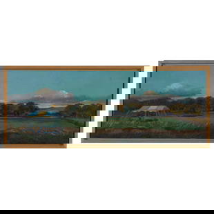 Barbara Kassel (b. 1952): Tent by the Edge of the Field: Barbara Kassel (b. 1952): Tent by the Edge of the FieldOil on Masonite, 1986-87, signed 'Kassel' and dated on the reverse.6 x 16 in., 6 3/4 x 16 3/4 in. (frame). Maxwell Davidson Gallery, NY.