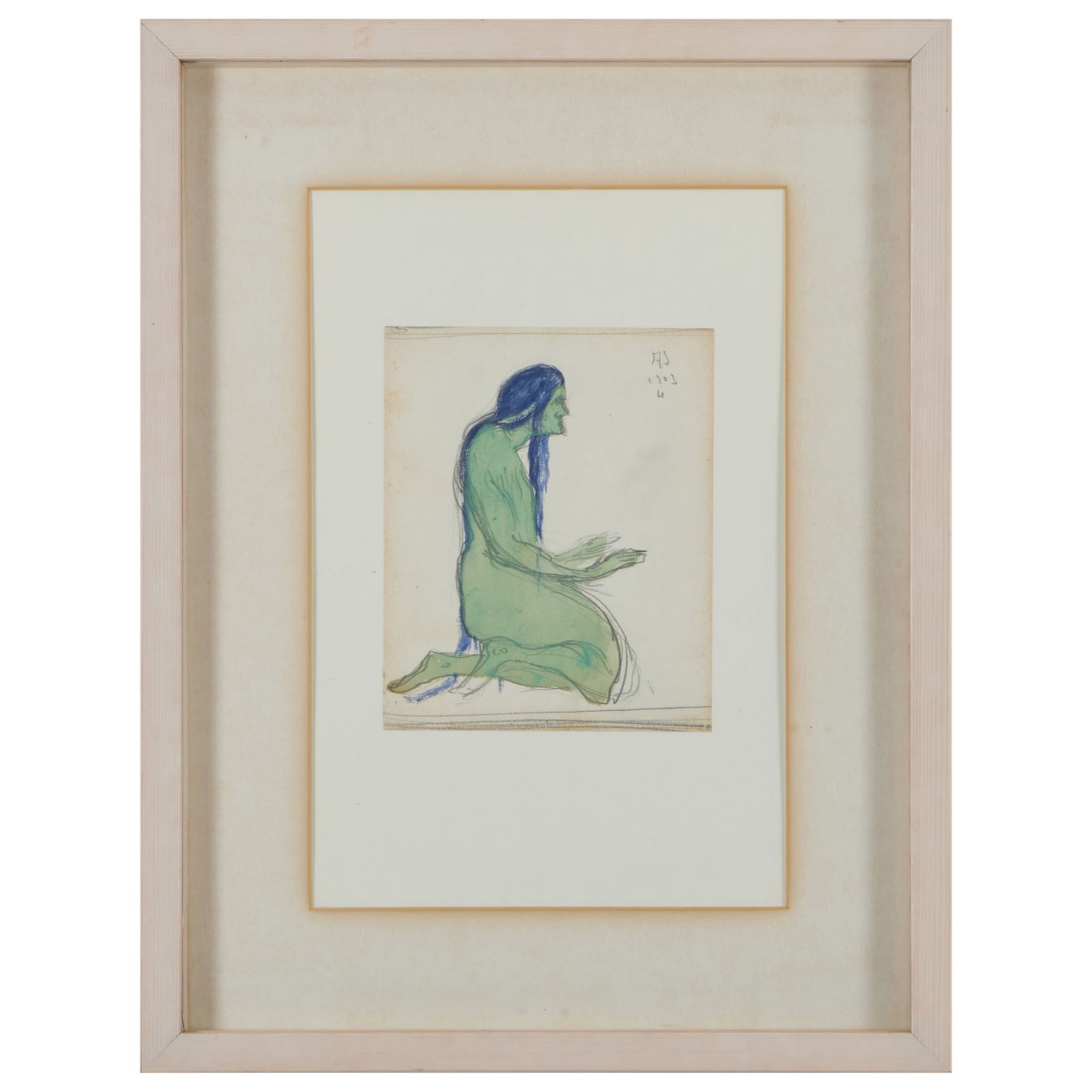 Albert Schmidt (1883-1970): Kniende Frauenfigur: Albert Schmidt (1883-1970): Kniende Frauenfigur Watercolor and pencil on paper on a paper mount, 1903, signed with initials 'AS' and dated upper right. 6 1/2 x 5 1/4 in. (sheet), 16 3/4 x 12 7/8 in. (