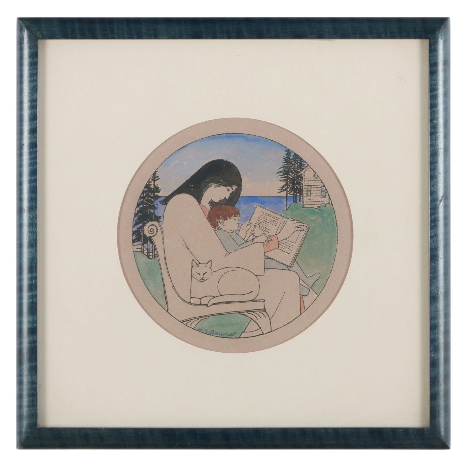 Will Barnet (1911-2012): Mother and Child Reading (Small): Will Barnet (1911-2012): Mother and Child Reading (Small) Ink and watercolor on paper, 1985, signed 'Will Barnet' lower center, variously inscribed on the reverse. 6 1/4 (image diameter), 11 3/4 x 11