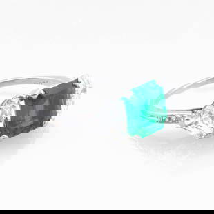 Tiffany & Co. Platinum, Emerald and Diamond Ring: Tiffany & Co. Platinum, Emerald and Diamond RingMarked 'Tiffany / PLAT'; centered by a square emerald-cut emerald weighing approximately 2.50 cts, flanked by 2 triangular-cut diamonds weighing