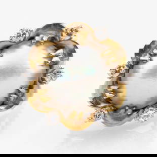 18k Gold, Mabe Pearl and Diamond Ring: 18k Gold, Mabe Pearl and Diamond RingMarked '18k' and 'WM(?)'.Ring size 6 1/2, 4.8 dwts., Size 6 1/2, 5.7 dwts.The Collection of Carole Harris.