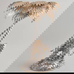 Edward VII Silver Epergne with Elephant and Figures: Edward VII Silver Epergne with Elephant and FiguresMark of Dobson & Sons, London, 1902; with star and crescent emblem to base.17 1/2 x 13 in. diam., 132.6 oz. approx. gross weight.The Collection of