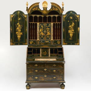George I Bottle Green and Gilt-Japanned Bureau Cabinet, Attributed to John Belchier