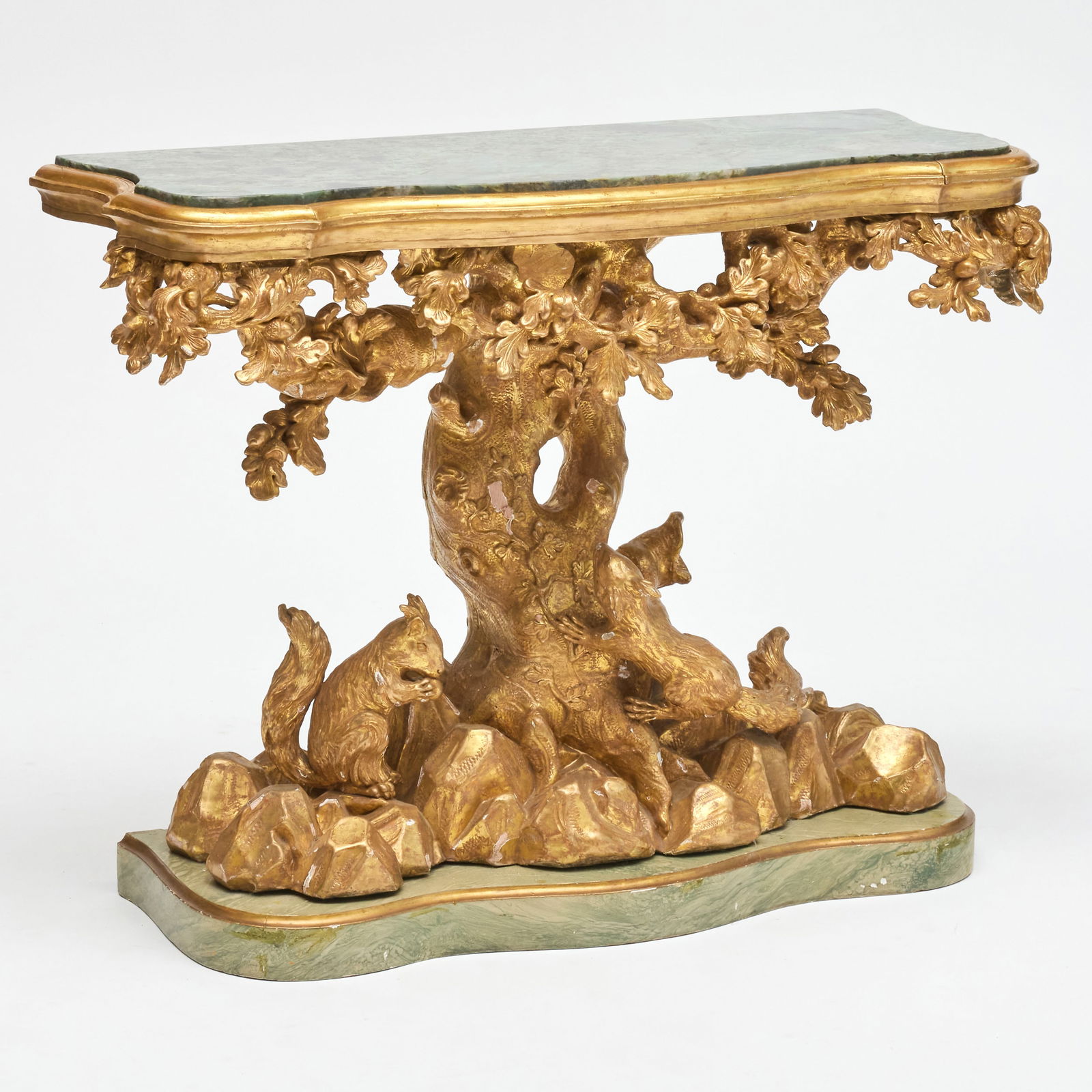 Fine George II Giltwood Console Table with an Inset Sicilian Jasper Top, In the Manner of Thomas: Fine George II Giltwood Console Table with an Inset Sicilian Jasper Top, In the Manner of Thomas Johnson 33 x 42 1/2 x 18 in. Note: Thomas Johnson was an 18th century British designer and carver, know