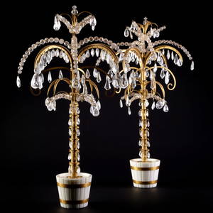Fine Pair of Continental Ormolu, Rock-Crystal, Cut-Glass and White Marble Potted Palm Trees,