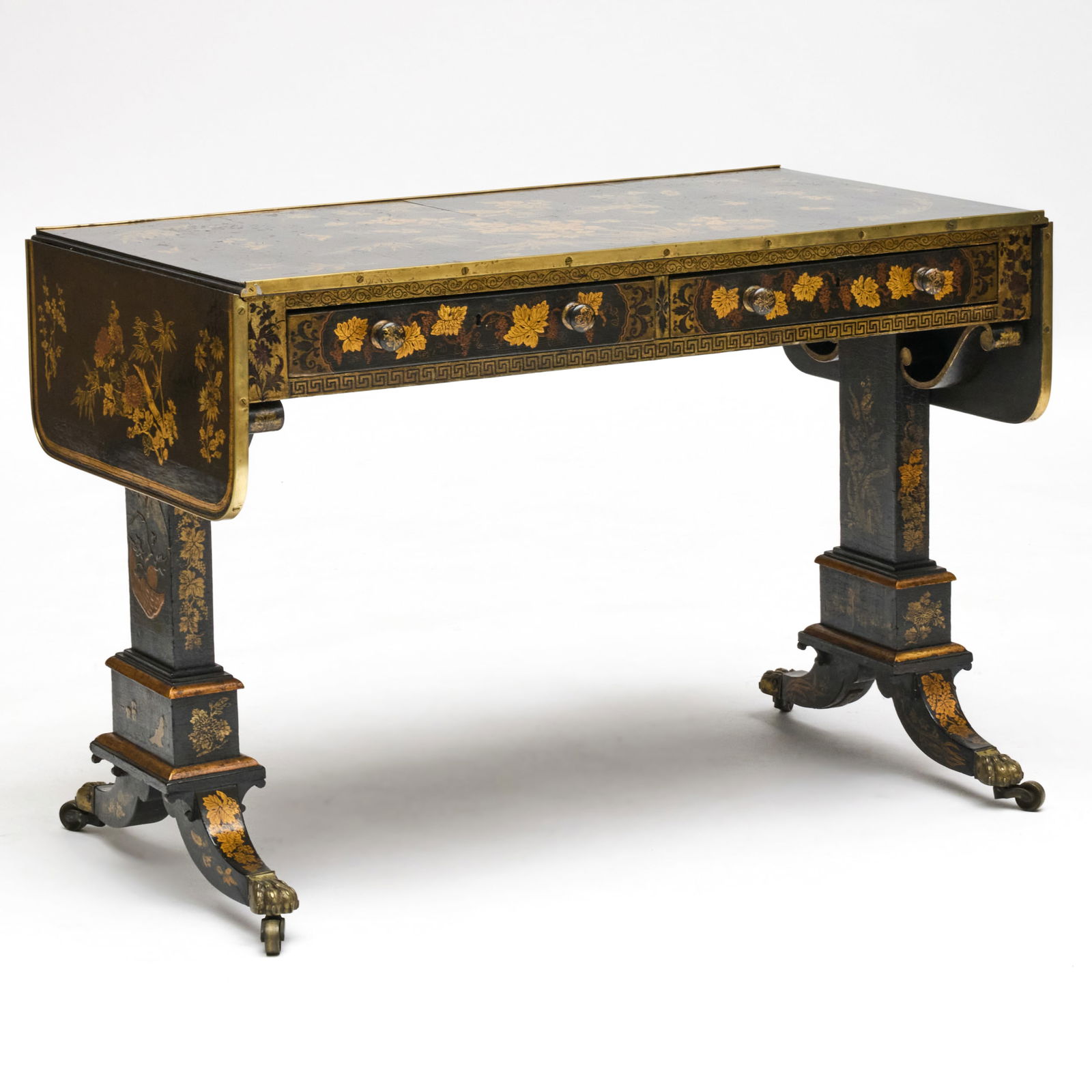 Regency Brass-Mounted Black Lacquer and Parcel-Gilt Sofa Table: Regency Brass-Mounted Black Lacquer and Parcel-Gilt Sofa Table Supplied by Michael Taylor. 29 x 5 ft. 1 1/4 x 22 1/4 in. Sold Christie's, London, June 27, 1985, Lot 148. Sold Christie's, New York, Dia