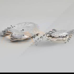 Buccellati Silver Crab Form Box and a Steuben Cut Glass Crab Form Paperweight: Buccellati Silver Crab Form Box and a Steuben Cut Glass Crab Form Paperweight The box marked '.925'; the crab paperweight apparently unmarked. The box 1 1/2 x 4 x 2 1/2 in., the paperweight 2 x 7 x 5