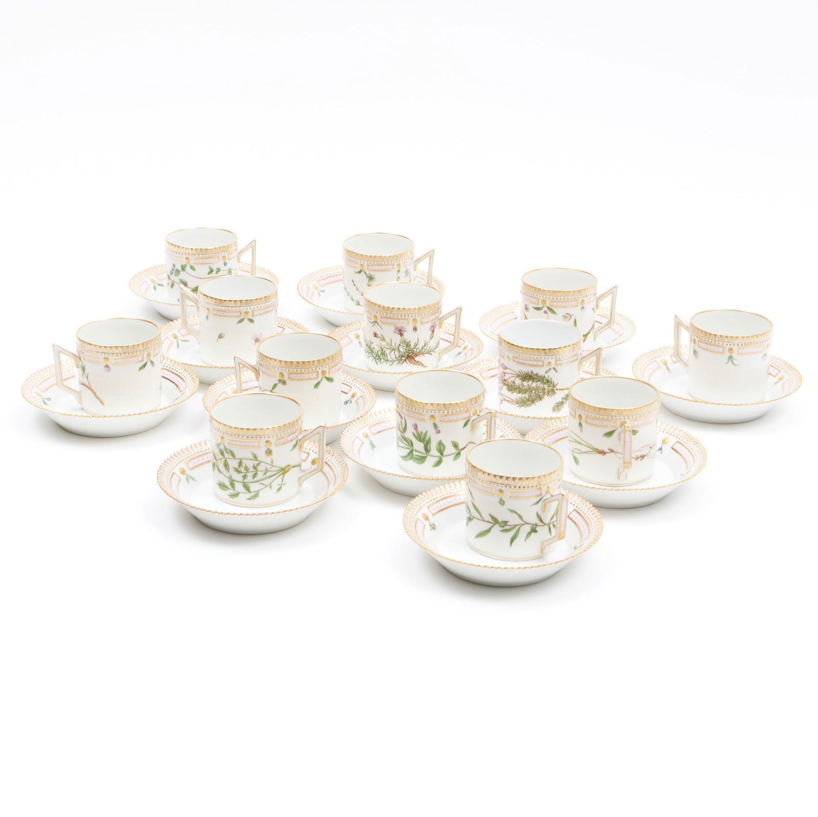Set of Thirteen Royal Copenhagen Porcelain 'Flora Danica' Coffee Cans and Saucers (1 of 13)