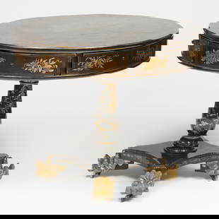 Chinese Export Black, Silvered and Gilt-Lacquer Center Table: Chinese Export Black, Silvered and Gilt-Lacquer Center Table Raised on casters. 29 3/4 x 36 1/4 in. diam. Sold Christie's, New York, April 24, 2009, Lot 98. The Collection of Carole Harris.
