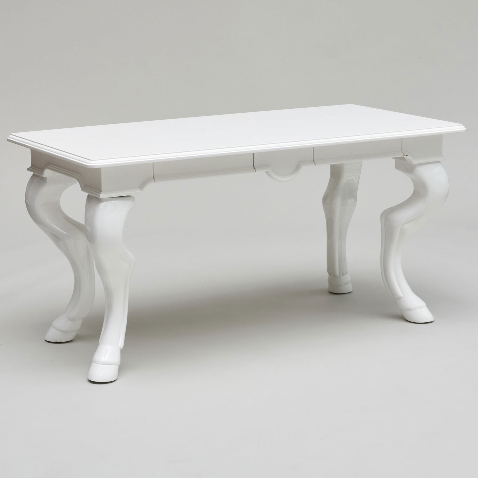 John Dickinson Style White Fiberglass Desk, Eric Brand: John Dickinson Style White Fiberglass Desk, Eric Brand Label; fitted with two frieze drawers. 30 1/2 x 5 ft. x 30 1/2 in. The Collection of Carole Harris.