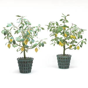 Pair of Painted Metal and Tole Potted Lemon Trees, Signed Carmen Almon