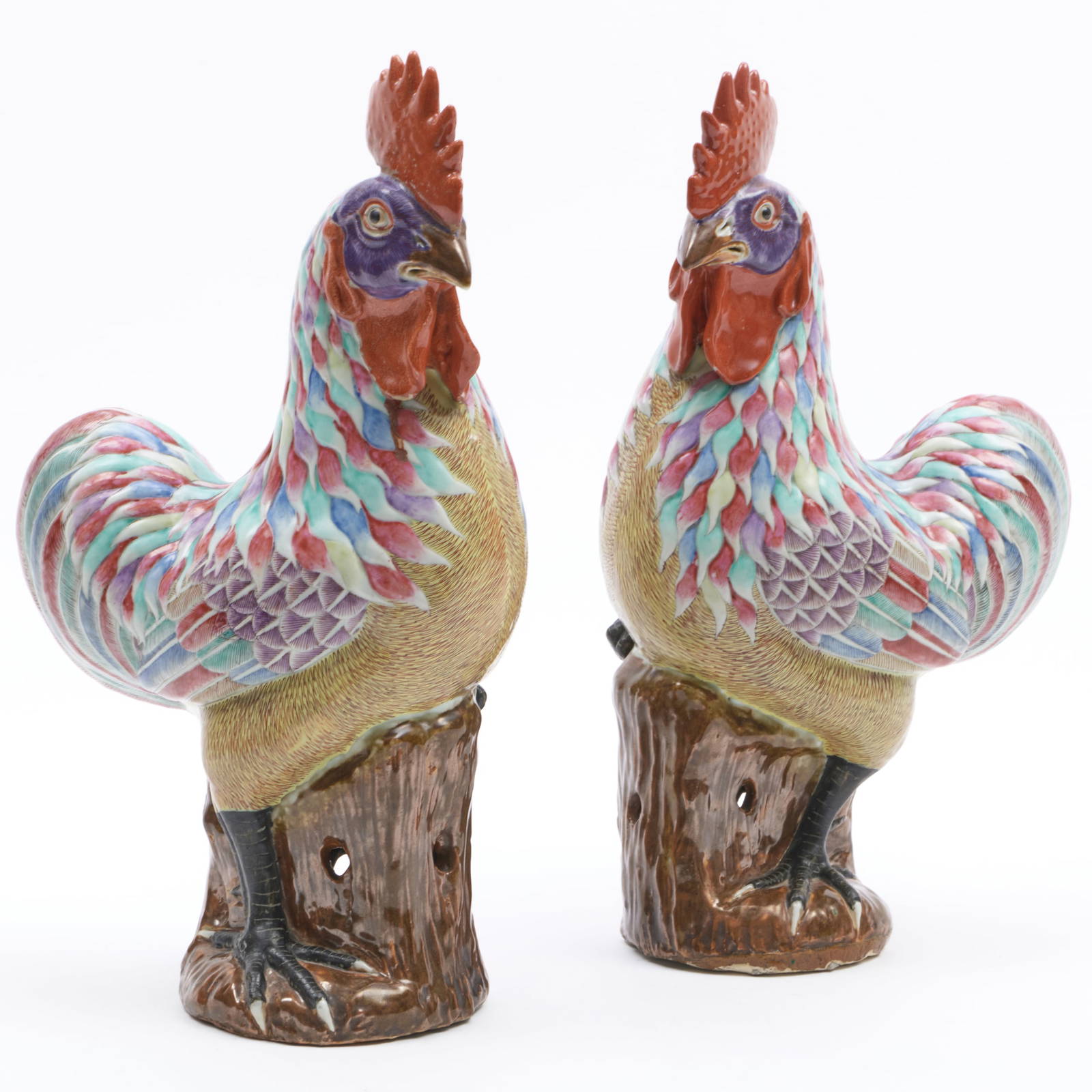 Pair of Chinese Export Famille Rose Porcelain Models of Roosters