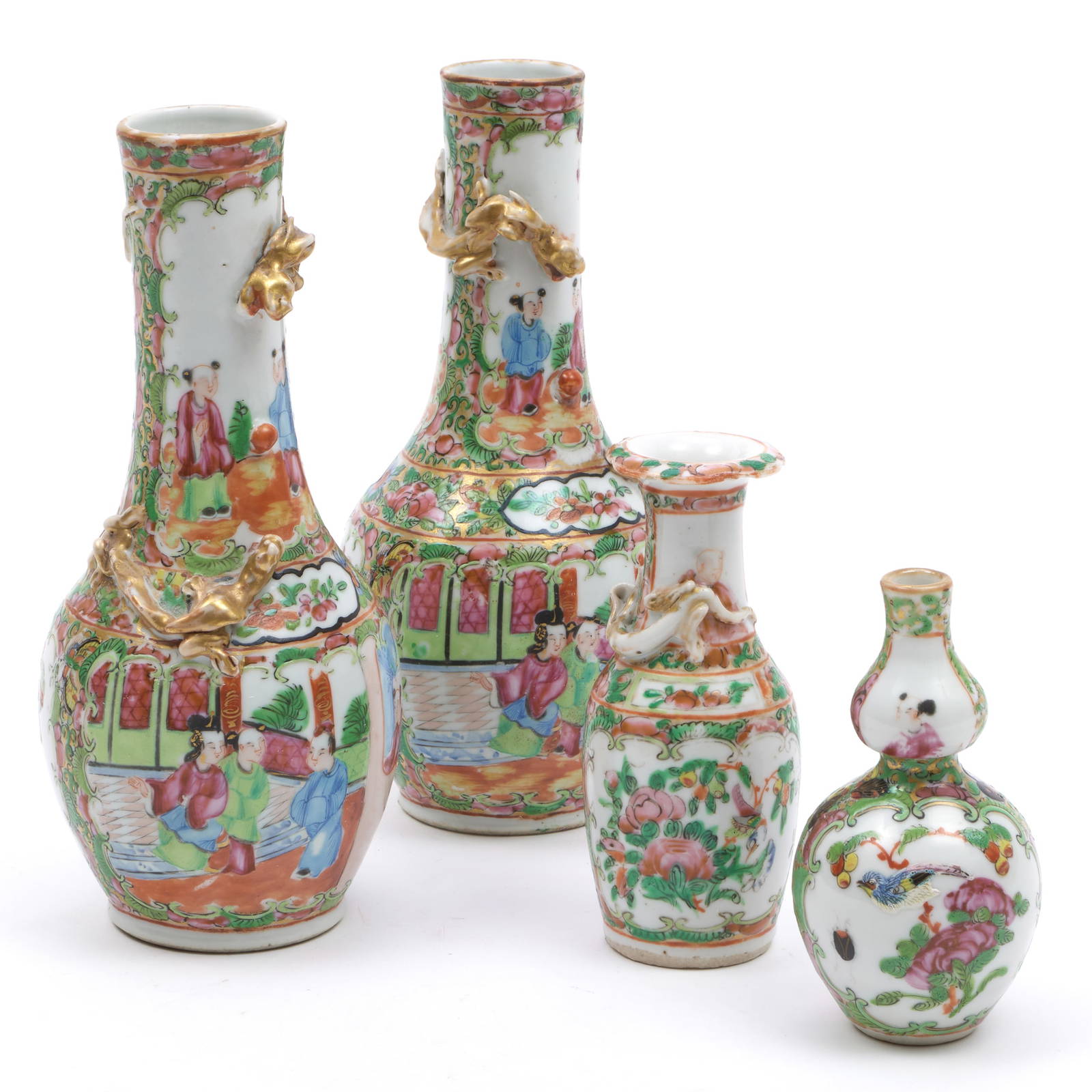 Pair of Chinese Export Rose Medallion Porcelain Bottle Vases and Two Other Rose Medallion Porcelain