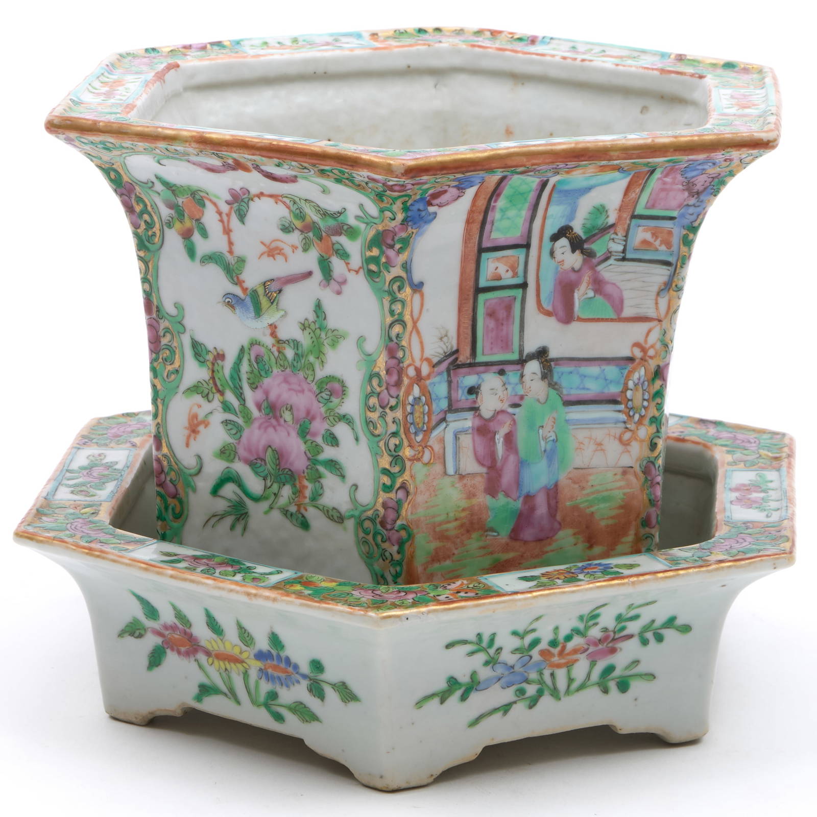 Chinese Export Rose Medallion Porcelain Jardiniere and Stand
