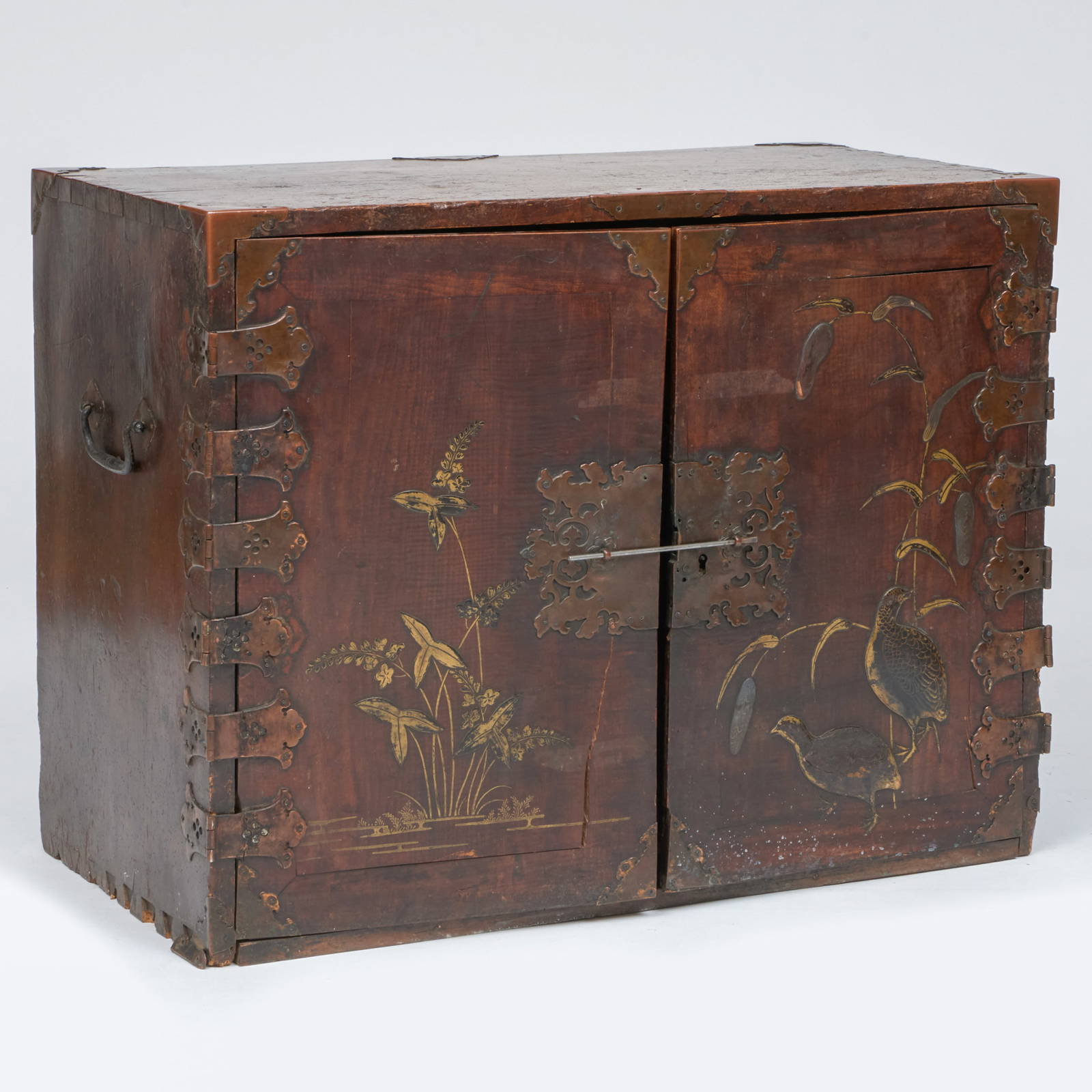 Japanese Copper-Mounted Brown Lacquered Cabinet
