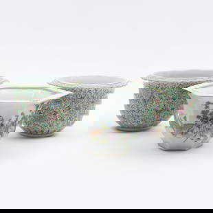Group of Three Chinese Export Porcelain Jardinieres: Group of Three Chinese Export Porcelain Jardinieres Comprising: A pair of green ground jardinieres, iron red painted seal marks A hexagonal famille verte jardiniere, unmarked The pair 6 1/4 x 10 in.,