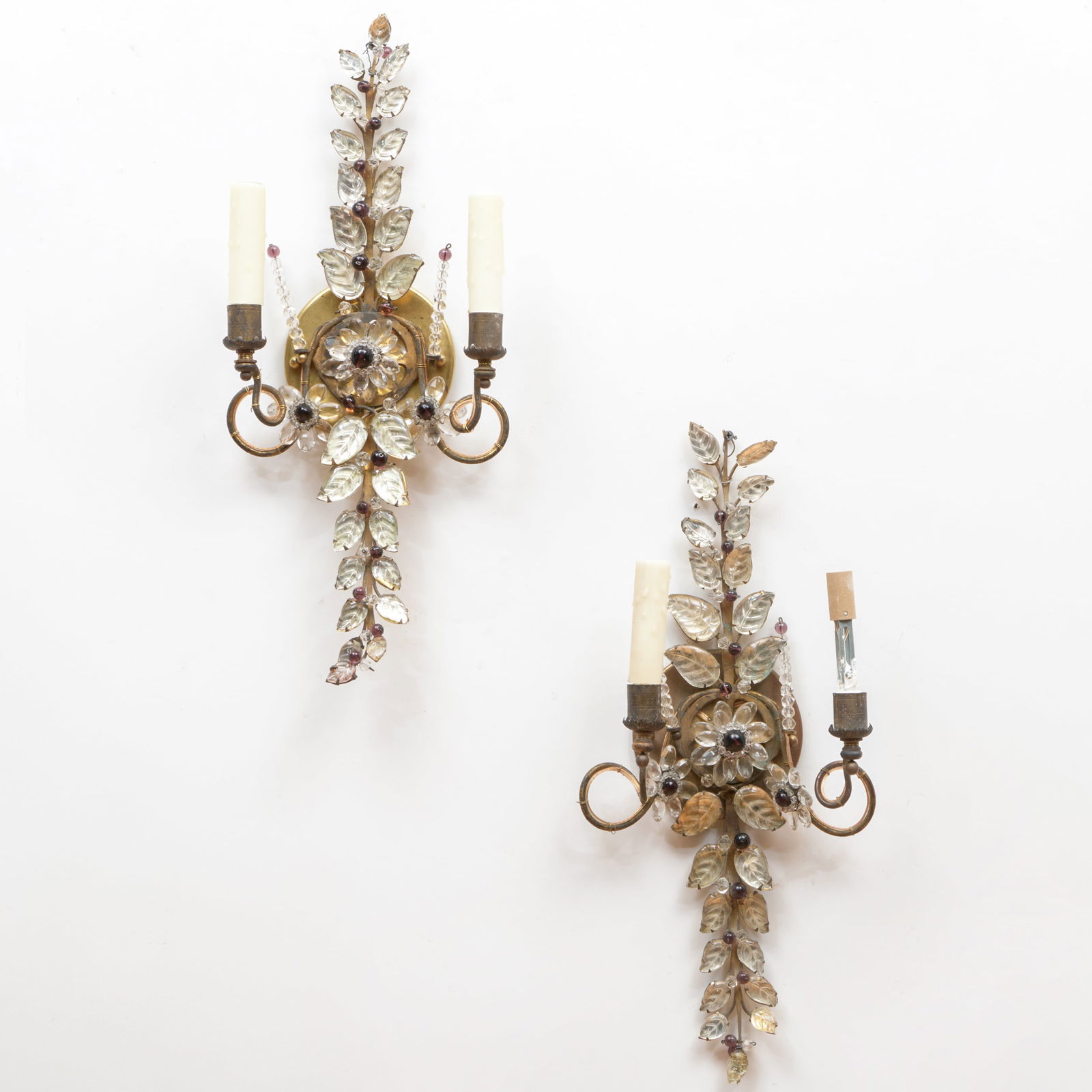 A Near Pair of Bagues Style Brass, Gilt-Metal and Glass Two-Light Sconces (1 of 12)
