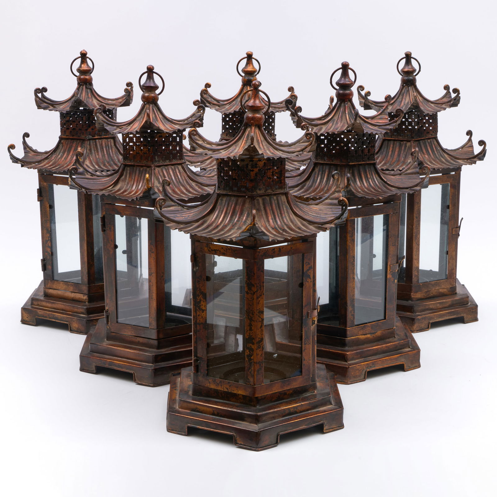 Group of Six Modern Patinated-Metal Pagoda Form Hurricanes (1 of 8)