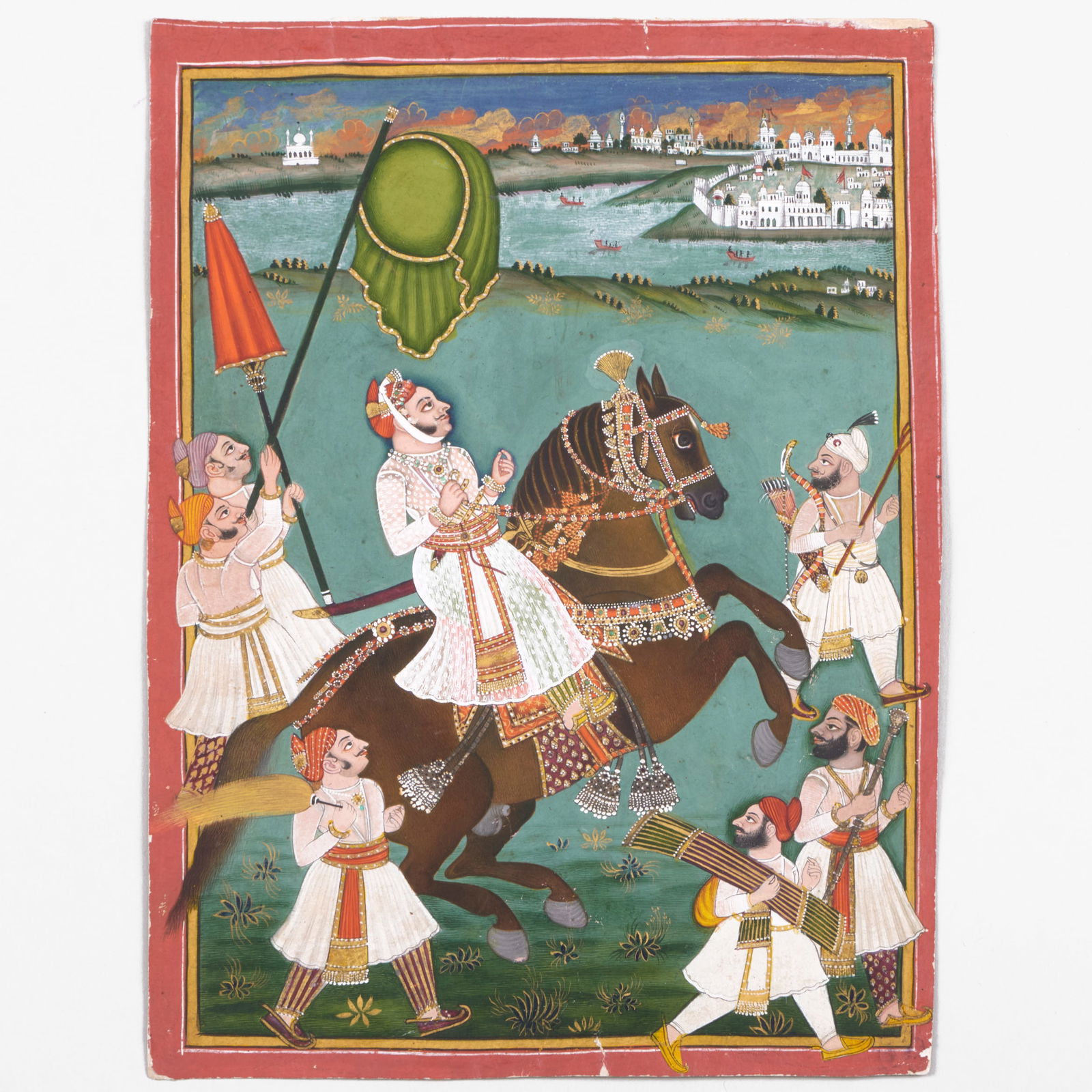 Bundi School: Equestrian Portrait of Madan Singh of Jala: Bundi School: Equestrian Portrait of Madan Singh of Jala Opaque pigments heightened with gold on paper; Inscribed on the reverse 'jala madan sighji'. 11 1/4 x 8 1/2 in. (sheet). Bundi Royal Collectio