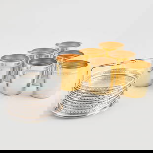 Set of Ten American Silver and Glass Coasters and a Set of Six Silver-Gilt Beakers: Set of Ten American Silver and Glass Coasters and a Set of Six Silver-Gilt Beakers The coasters marked 'Sterling'; the beakers apparently unmarked. The coasters 3 1/8 in. diam., the beakers 2 x 2 in.,