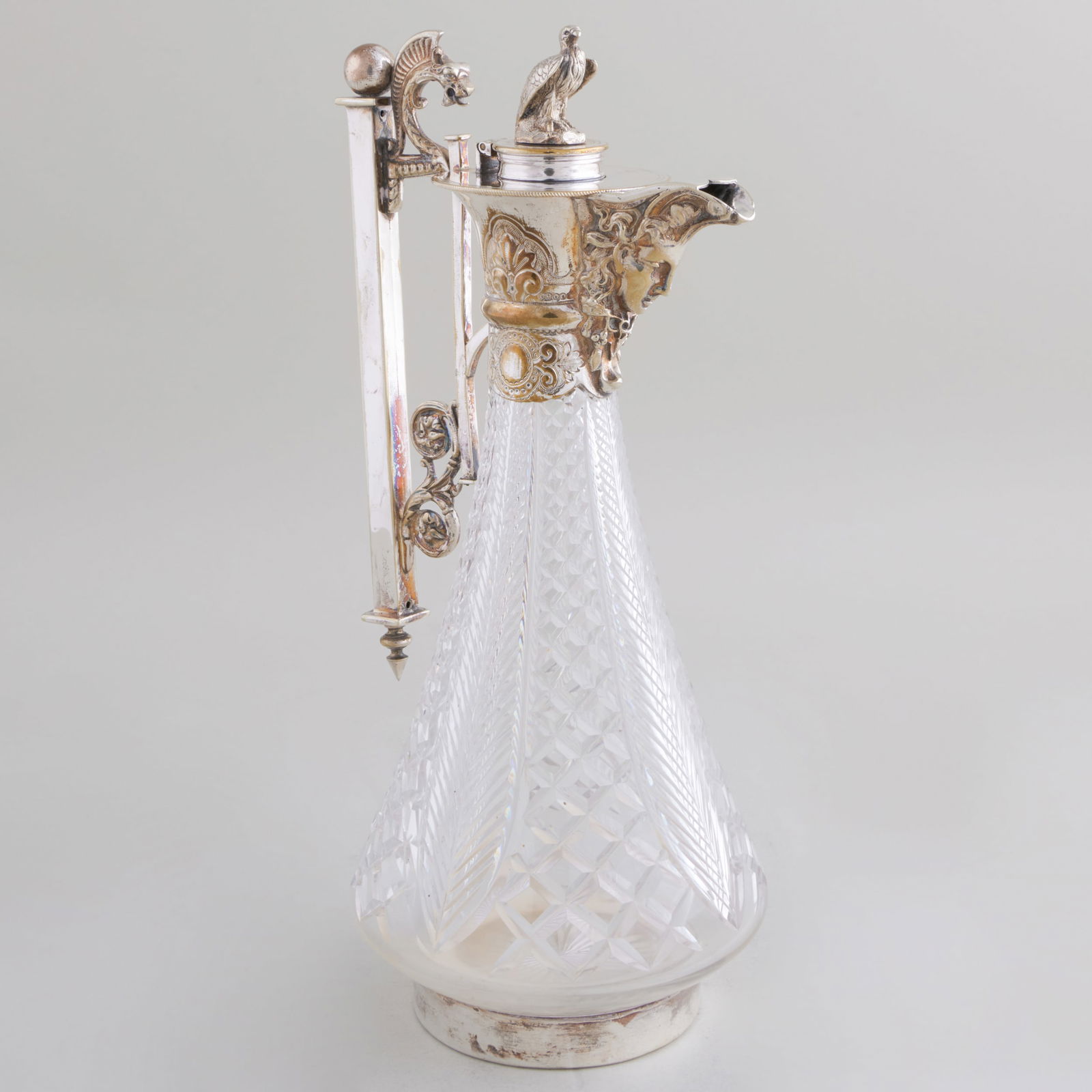 Silver Plate Mounted Cut Glass Decanter with Bird Finial and Mask Handle Spout (1 of 11)