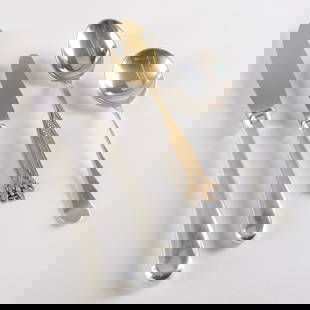 Anton Michelsen Silver Part Flatware Service: Anton Michelsen Silver Part Flatware Service Marked 'Sterling'. Comprising: Twenty-two soup spoons Twenty-two dinner knives with steel blades and filled handles A master butter knife with steel blade