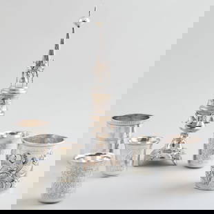 Russian Silver Spice Tower & Four Silver Beakers: Russian Silver Spice Tower & Four Silver Beakers Each marked '.84'. The beakers comprising: A pair of beakers engraved with a foliate design A beaker engraved with village scene A beaker with bird des