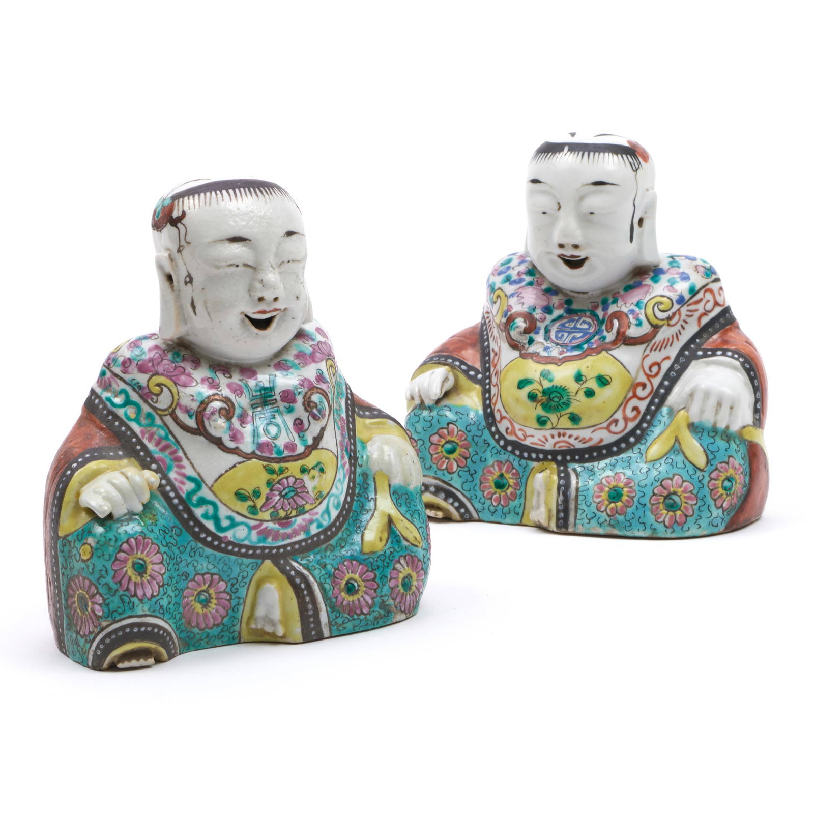 Pair of Chinese Famille Rose Figures of Seated Laughing Boys