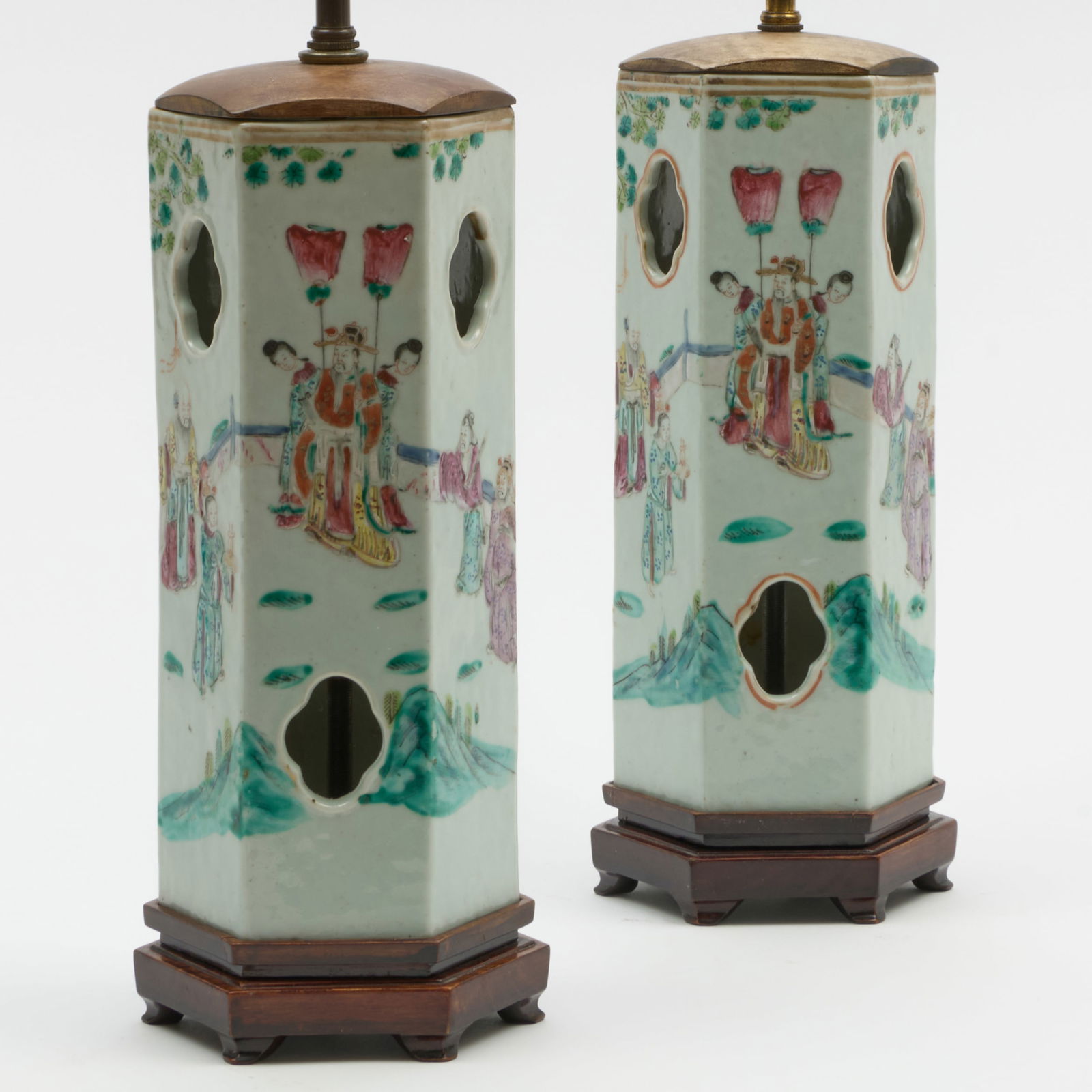 Pair of Chinese Famille Rose Porcelain Hat Stands Mounted as Lamps (1 of 6)