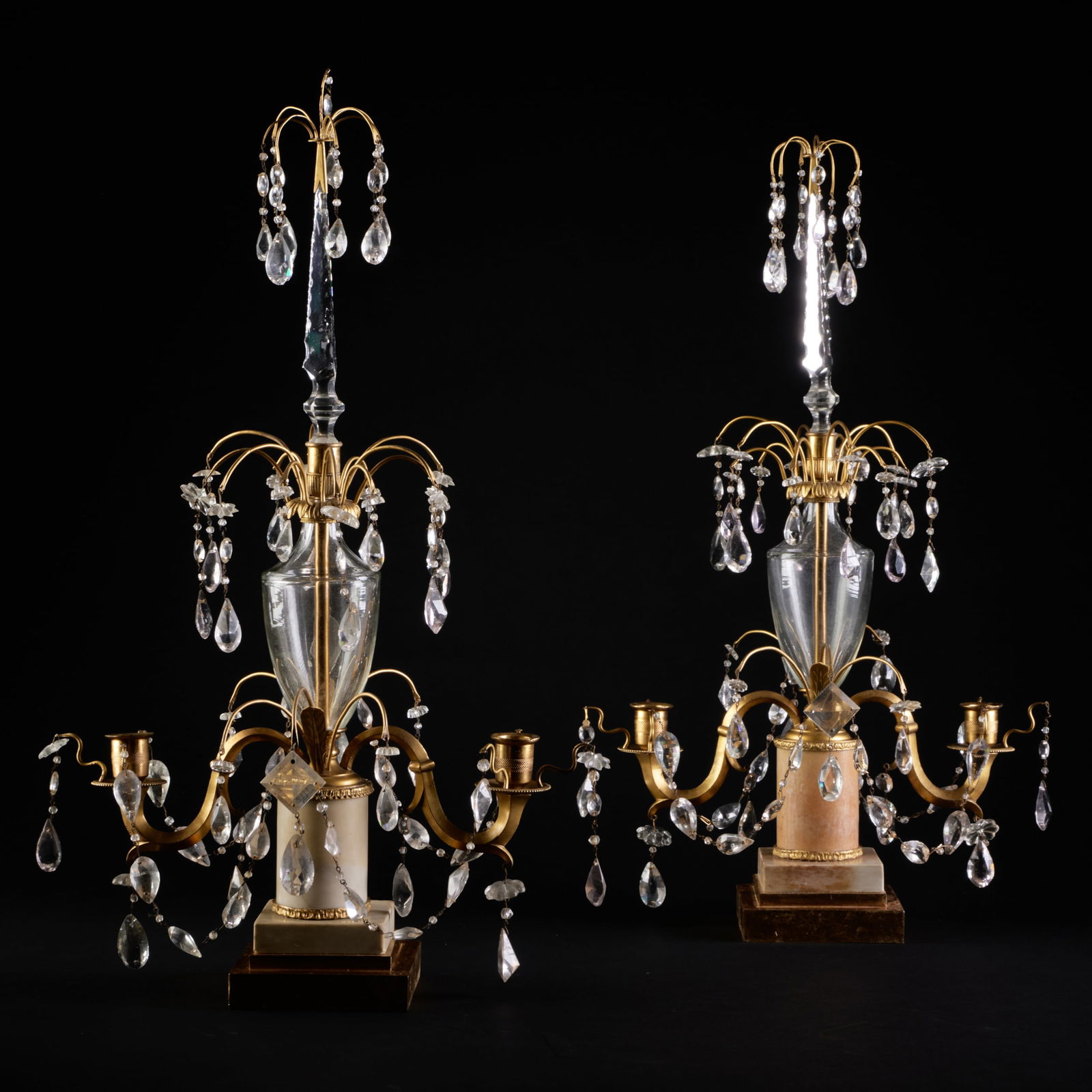 Pair of Continental Gilt-Metal, Cut Glass, and Marble Two Light Candelabra (1 of 8)