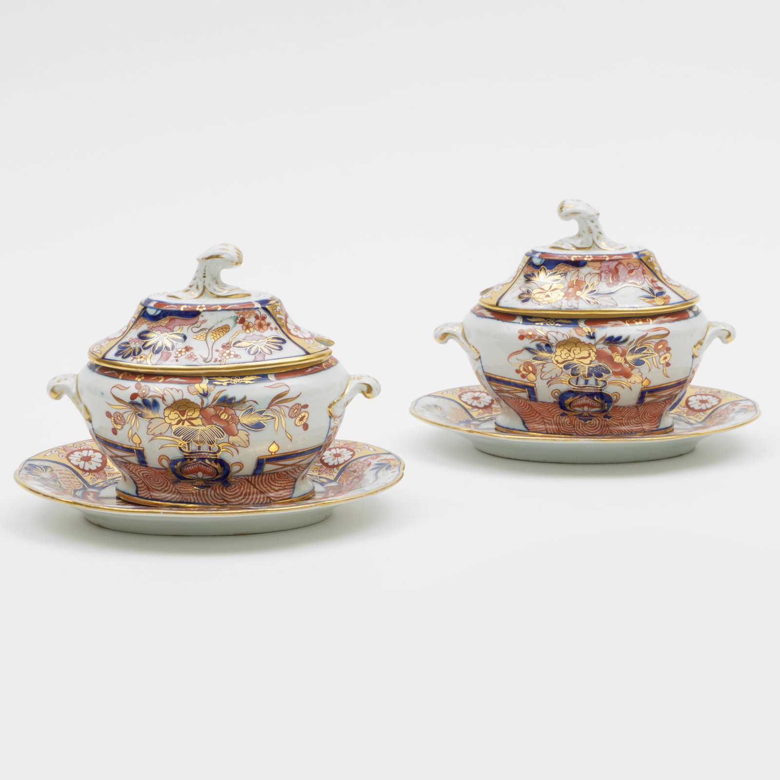 Pair of English Porcelain Sauce Tureens, Covers and Stands: Pair of English Porcelain Sauce Tureens, Covers and Stands Unmarked. 6 1/4 x 6 1/2 x 8 1/4 in. (overall). The Collection of James M. Labaugh Antiques, Pound Ridge, NY.