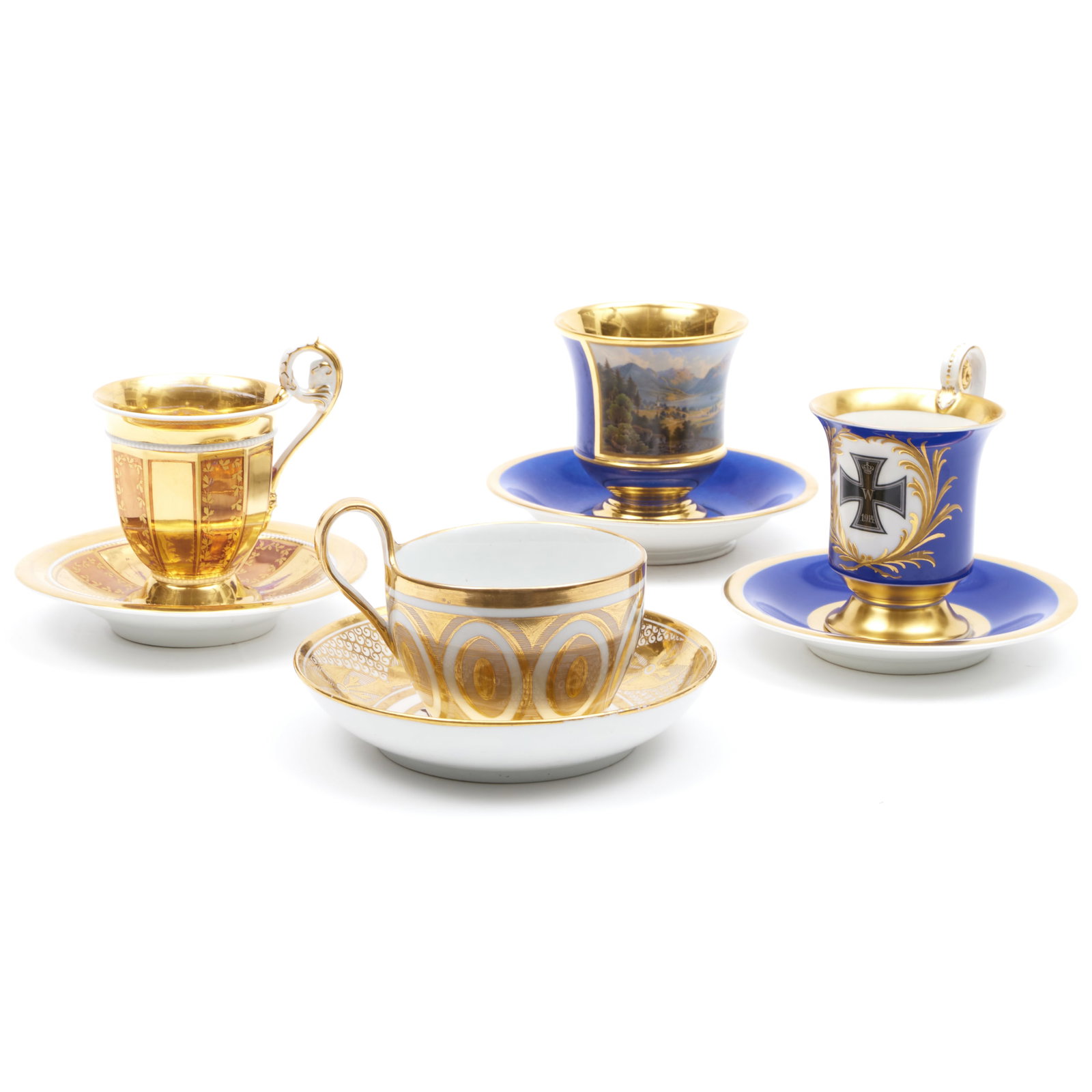Group of Four Gilt Porcelain Cabinet Cups and Saucers: Group of Four Gilt Porcelain Cabinet Cups and Saucers Comprising: A Neoclassical style gilt porcelain cup and saucer, probably Continental, unmarked A Berlin gold and rose lustre porcelain cup and sau