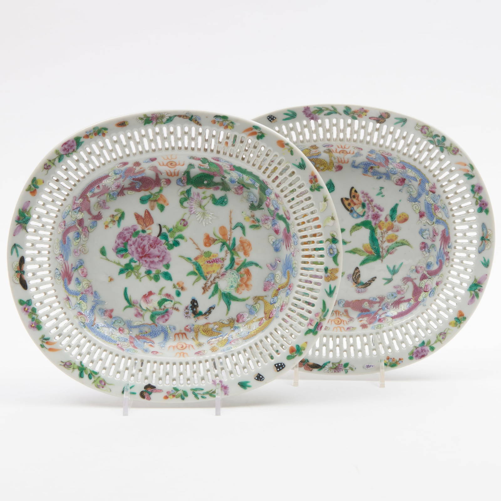 Pair of Chinese Export Porcelain Reticulated Stands Enameled with Dragons and Butterflies