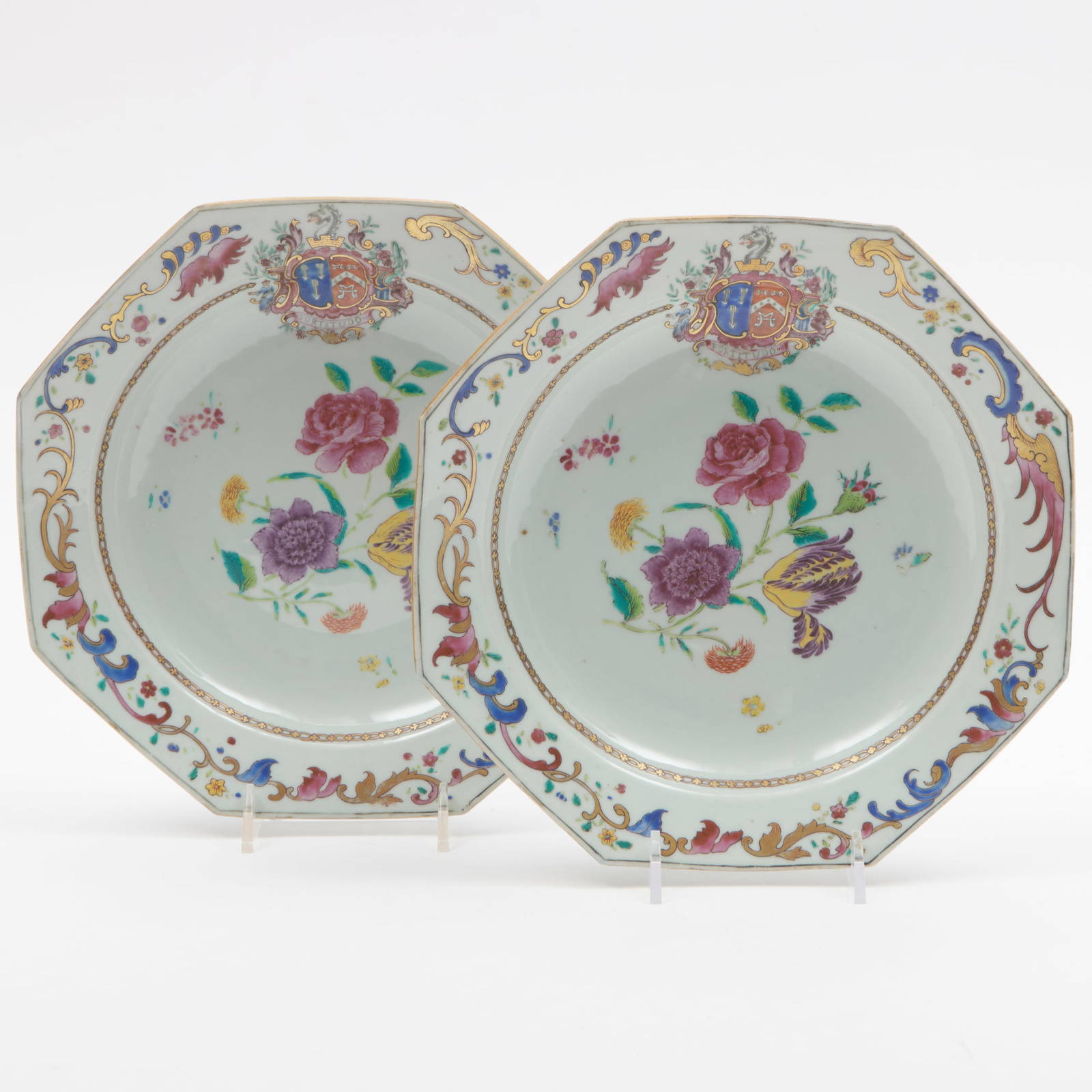 Pair of Chinese Export Octagonal Porcelain Soup Plates with Arms of Archer Impaling Meares
