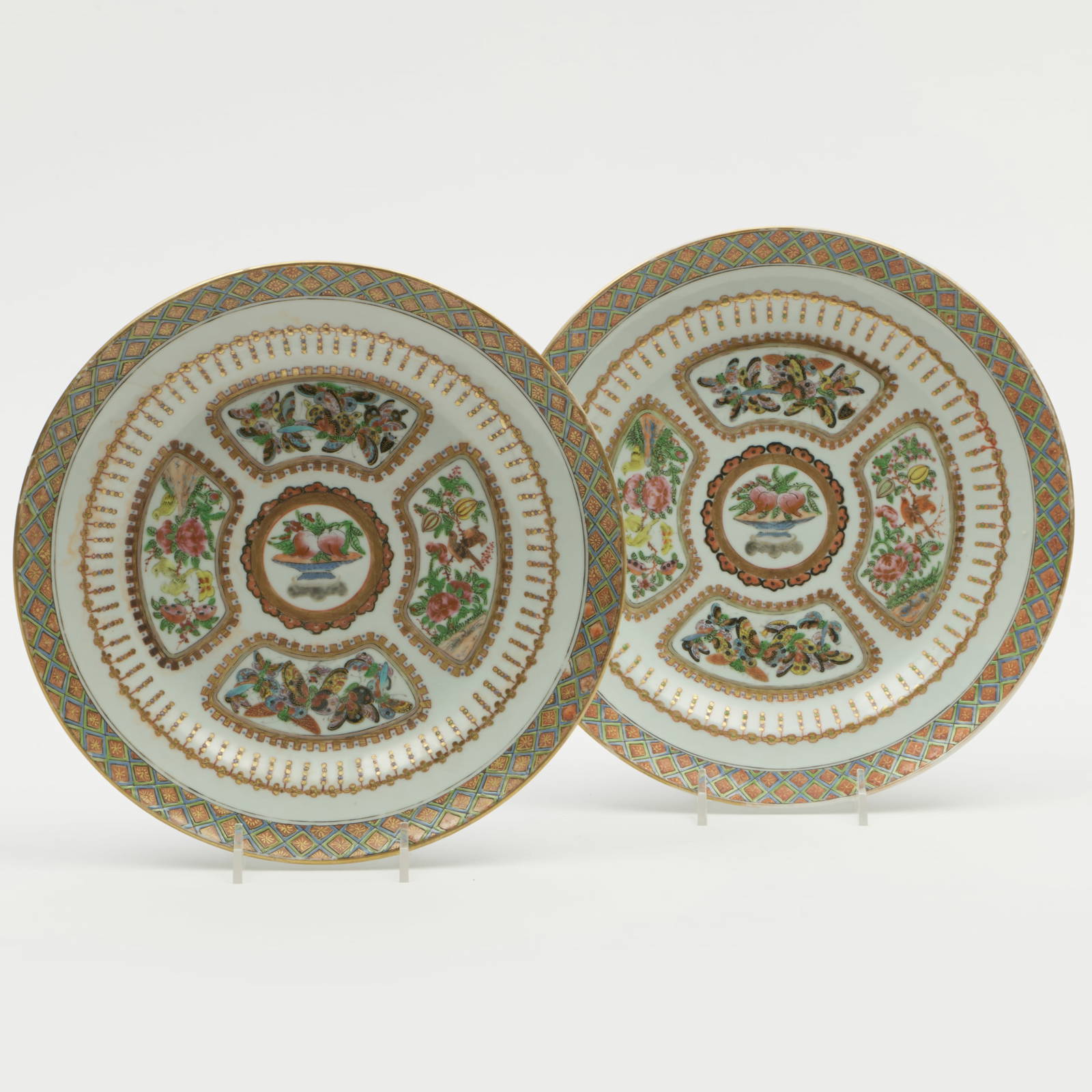 Pair of Chinese Export Famille Rose Soup Plates with Birds and Butterflies