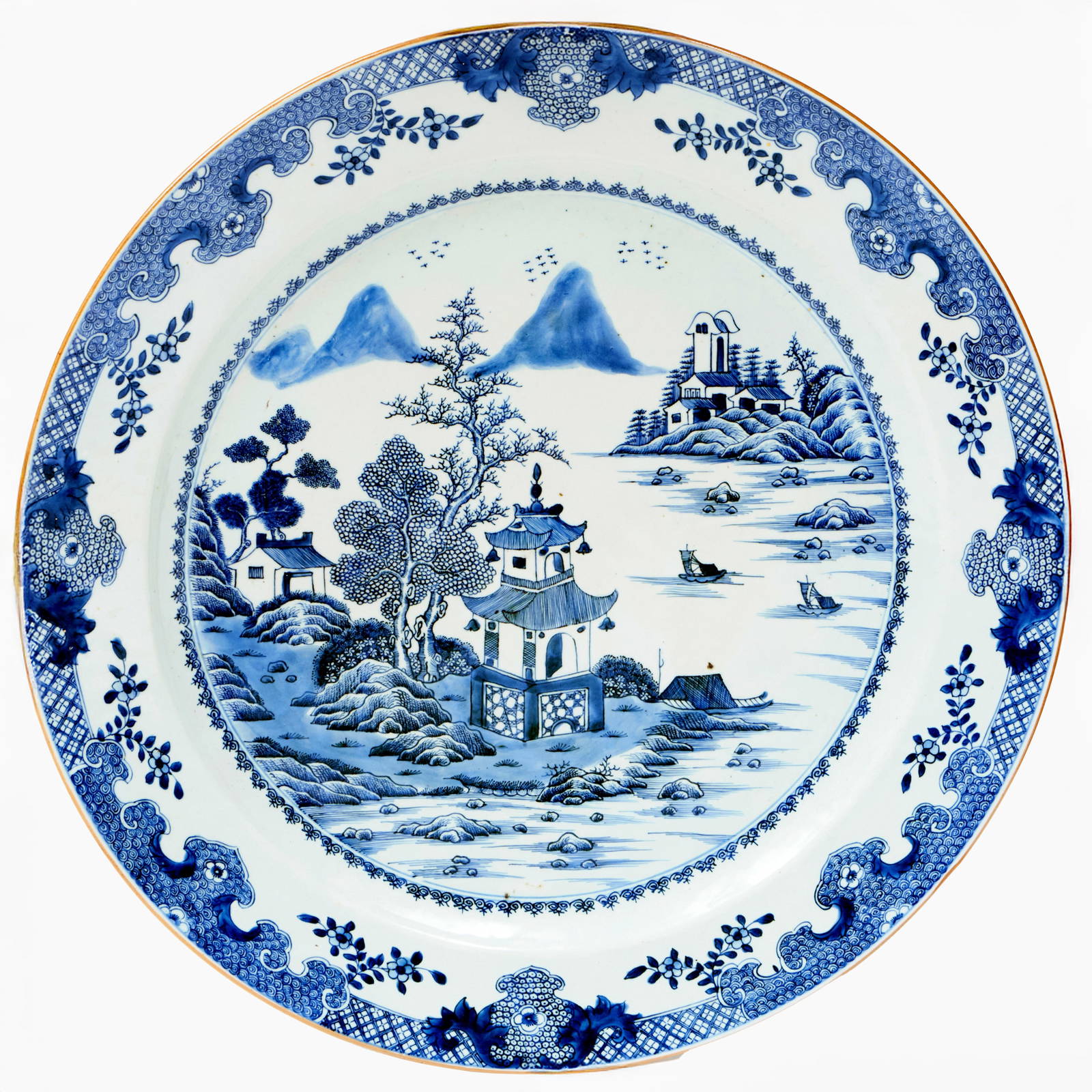 Large Chinese Blue and White Porcelain Charger on Later Stand