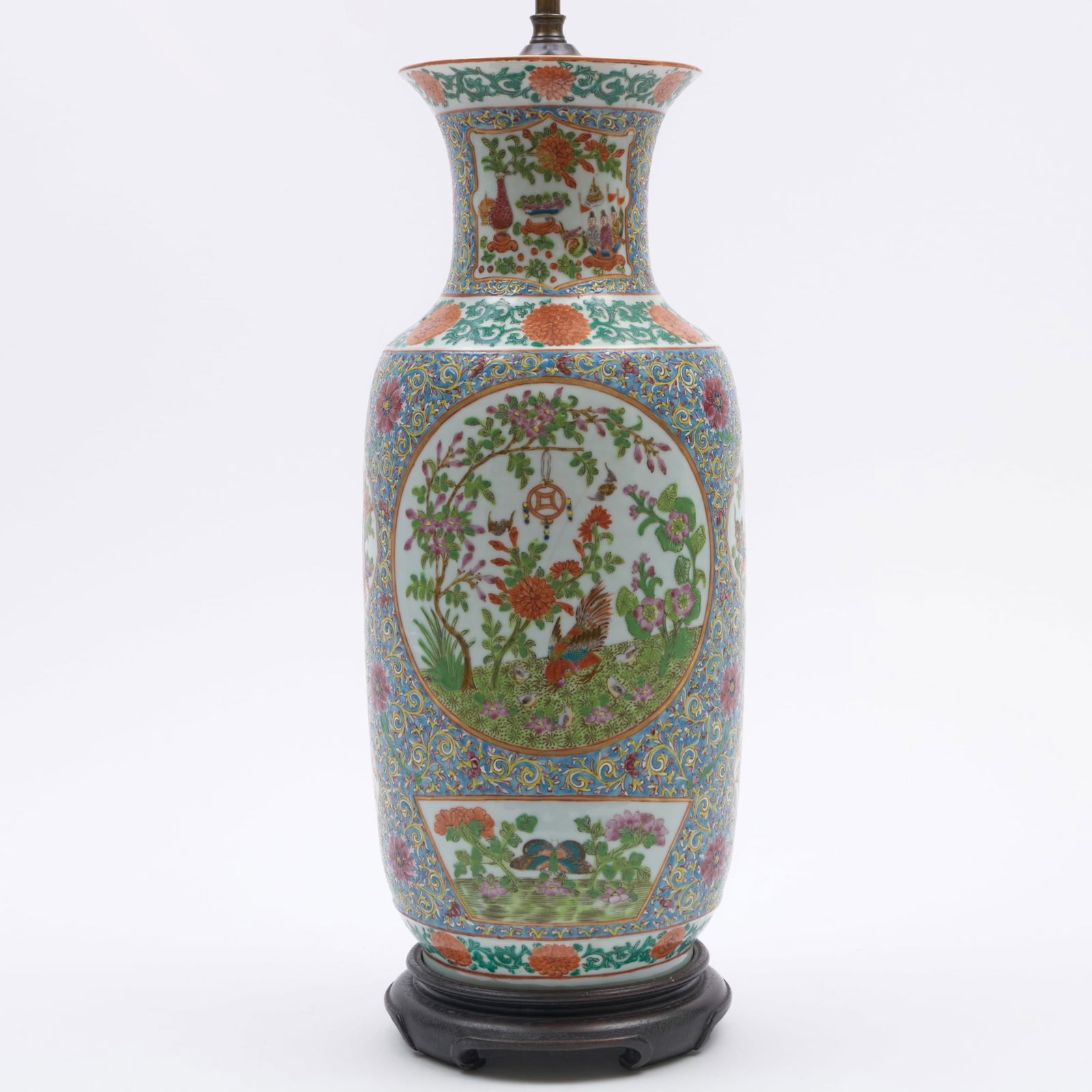 Chinese Famille Rose Porcelain Vase Mounted as a Lamp: Chinese Famille Rose Porcelain Vase Mounted as a Lamp The vase 17 1/2 x 7 in. diam., 27 1/2 x 7 in. diam. (to socket). The Collection of James M. Labaugh Antiques, Pound Ridge, NY.