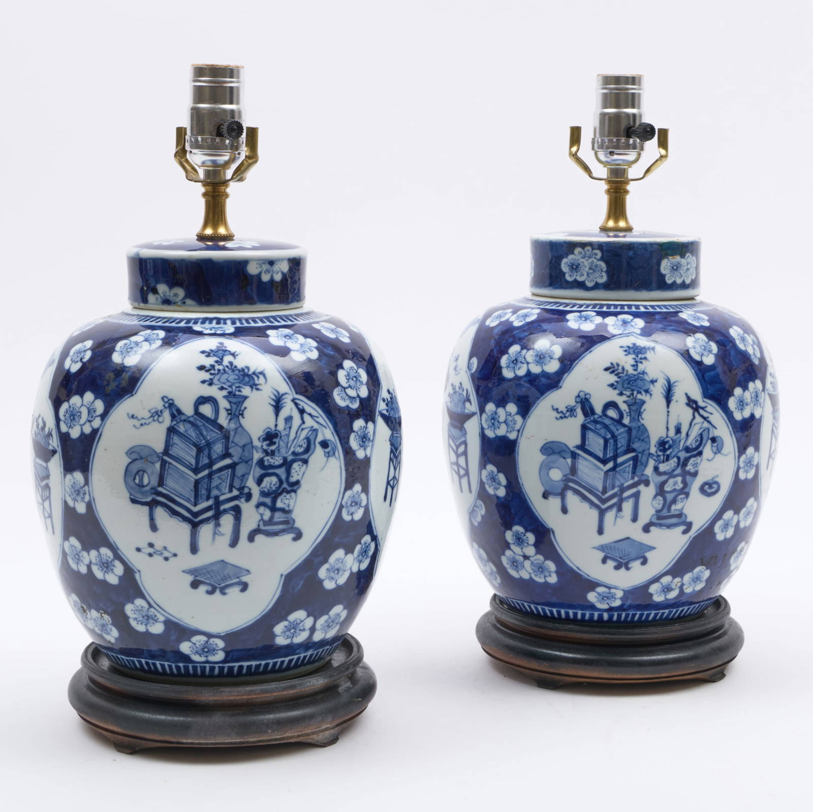 Near Pair of Chinese Blue and White Ginger Jars and Covers Mounted as Lamps