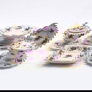 Flight, Barr & Barr Purple Vine and Gilt Decorated Porcelain Part Service: Flight, Barr & Barr Purple Vine and Gilt Decorated Porcelain Part Service Impressed and printed marks. Comprising: Seventeen lunch plates A pair of square shaped serving dishes A pair of shell dish