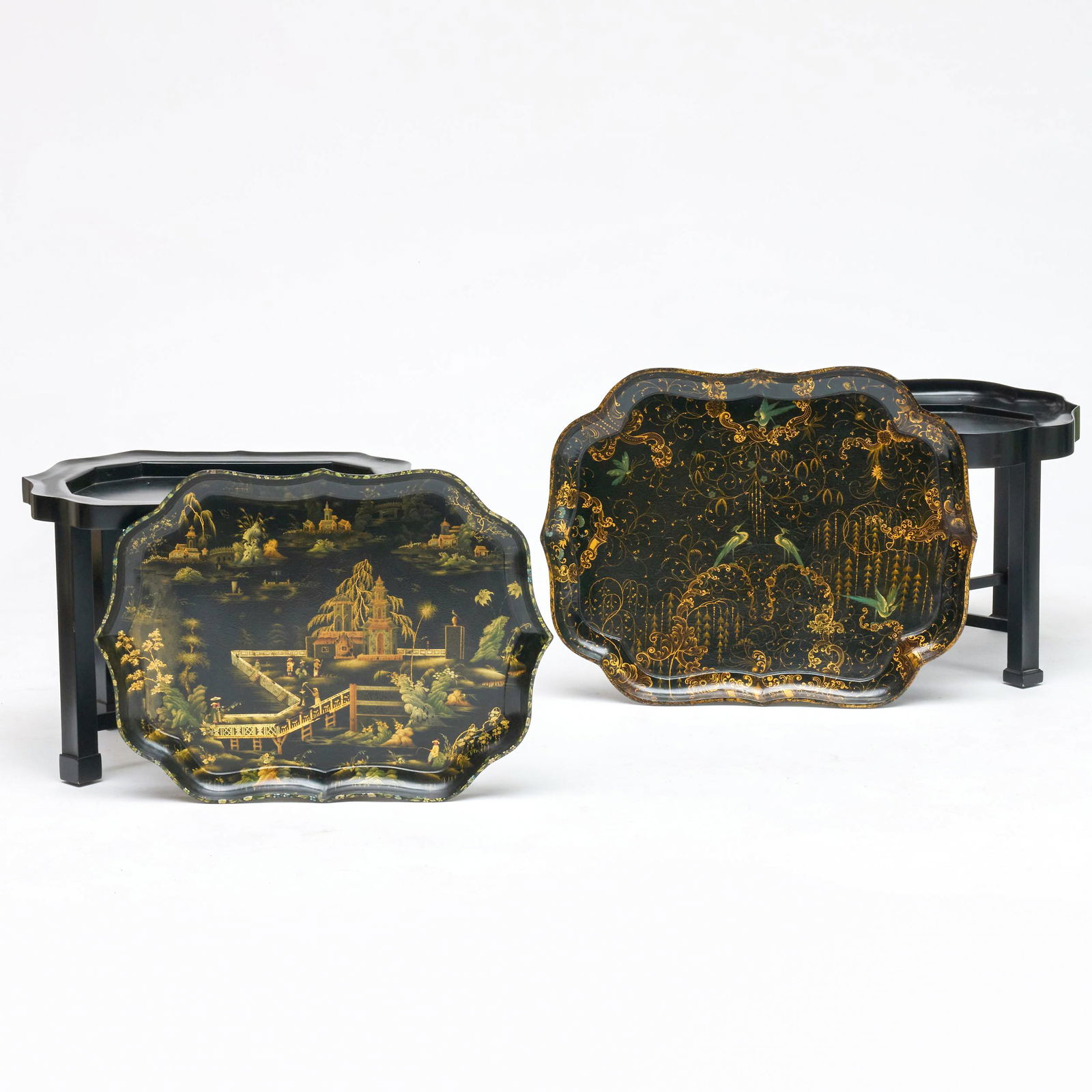 Two English Papier-Mache Tray Tables, One Henry Clay, Cove't Garden: Two English Papier-Mache Tray Tables, One Henry Clay, Cove't Garden 21 x 29 1/4 x 21 3/4 in. 19 1/2 x 31 1/4 x 24 1/2 in.