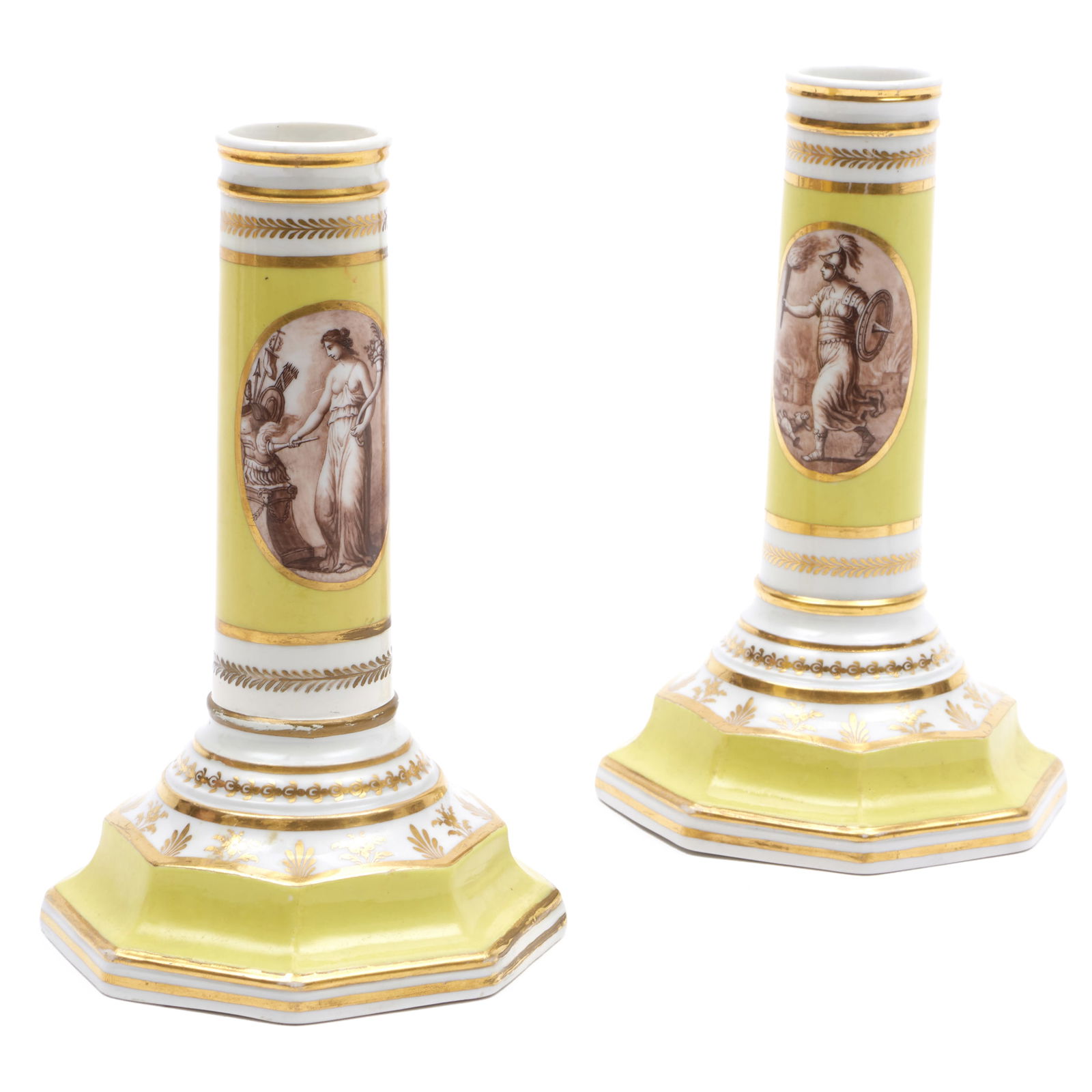 Pair of Worcester Flight, Barr & Barr Yellow Ground Porcelain 'War and Peace' Candlesticks (1 of 9)